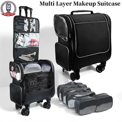 Rolling Makeup Travel Case with Detachable Wheels Cosmetology Train Organizer Liftable Trays Brush Bag Nail Hair Tools Storage
