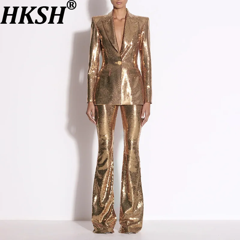 

HKSH Spring Autumn New Women Two Pieces Set Suit Sequined Single Button Blazer Chic Flare Pants Elegant Fashion High-end HK16273