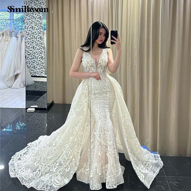 

Smileven Vintage Lace Mermaid Wedding Dresses With Detachable Train V Neck Lace Bride Dress Sleeveless Wedding Gown