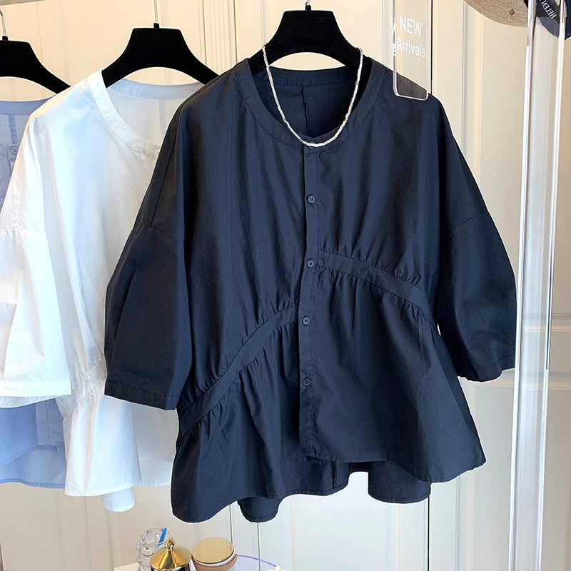 

Женская шифоновая блузка Design Sensation с коротким рукавом, асимметричный крой, рукав 3/4, весна-осень, корейский стиль, круглый вырез