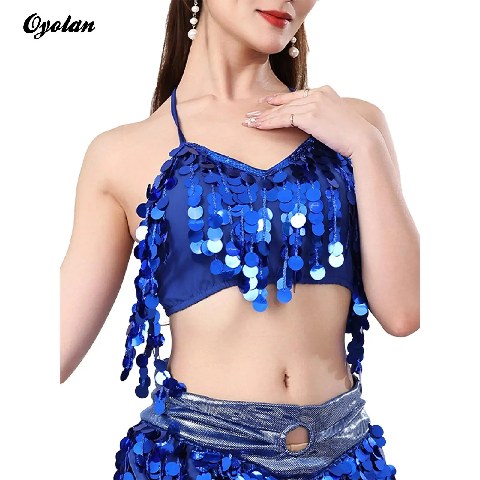 Femmes danse du ventre Performance Cotume hauts courts paillettes gland col en V licou coussinets de poitrine à lacets haut court Camisole vêtements de danse
