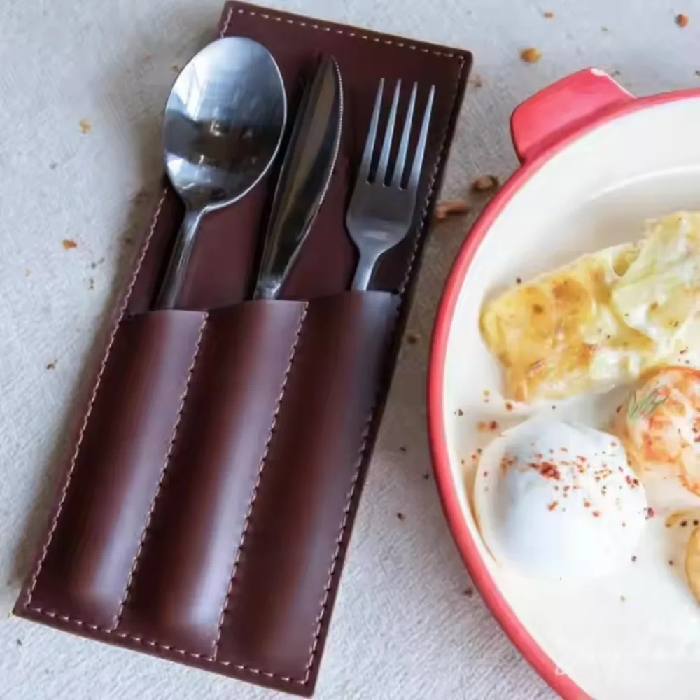 3 Pocket Western Restaurant Fork Cutlery Bag PU Leather Oil-resistant Cutlery Storage Pouch Multi-functional Solid Color