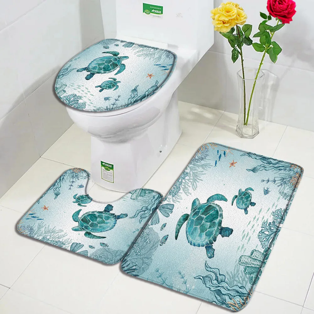 Sea Turtle Bath Mat Set Watercolour Ocean Animals Starfish Seagrass Modern Home Carpet Bathroom Decor Rugs U-Mats Toilet Cover