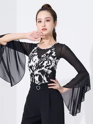 Solid Color Latin Dance Practice Modern Tops Ballroom Girl Jazz Mesh Competition Costume Line Women Classical Rompers 2024 New