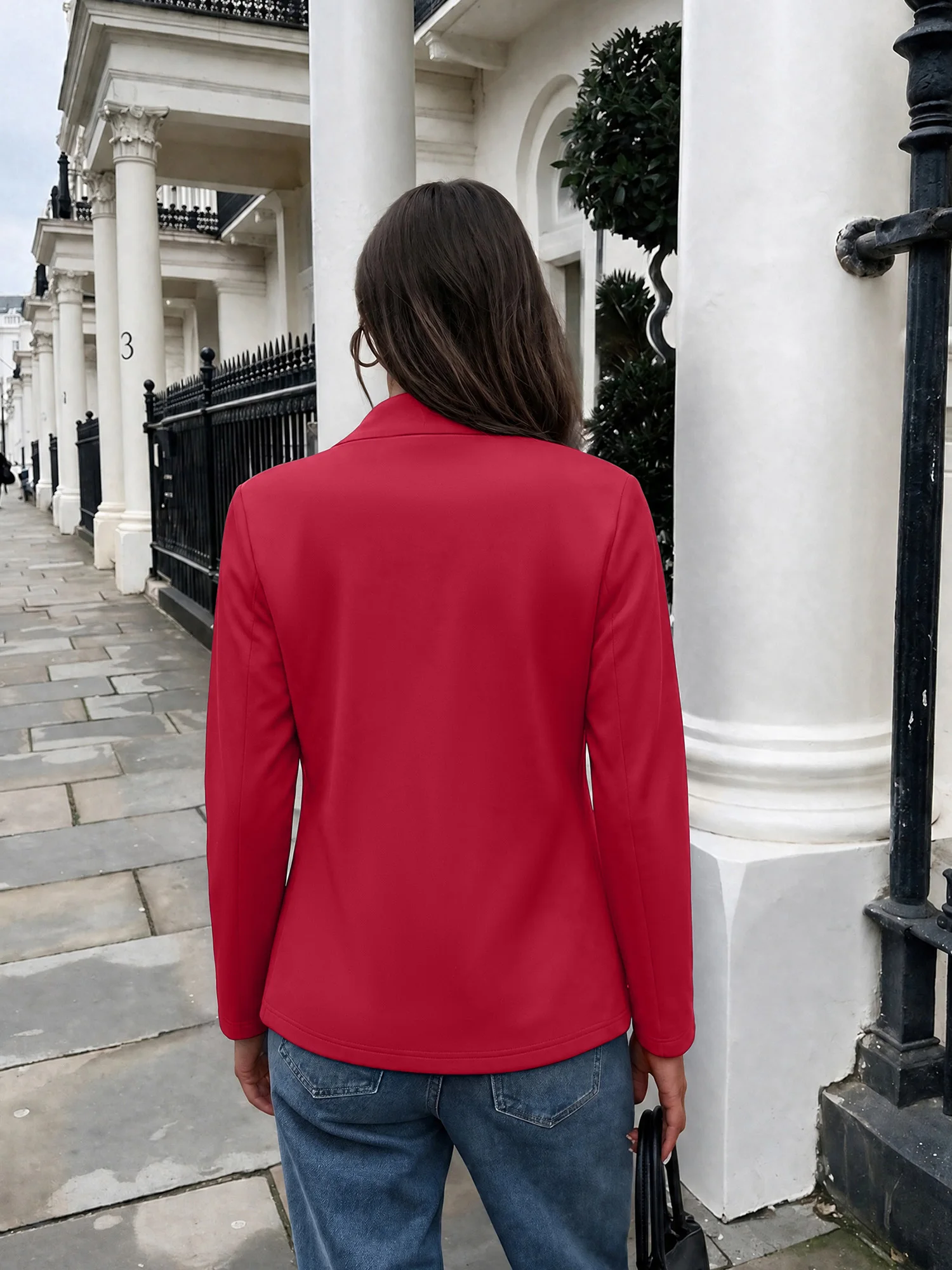 Women Elegant Slim Fit Open Blazer Mandarin Collar Long Sleeve Daily Work Outercoat Top Solid Wine Red Office Suit Jacket