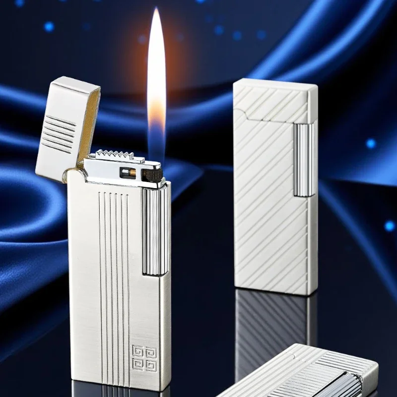 Metal Thin Alloy Material Lighter Adopts Deep Carving Technology Electroplated Grinding Wheel Open Flame Lighter Men's Gifts