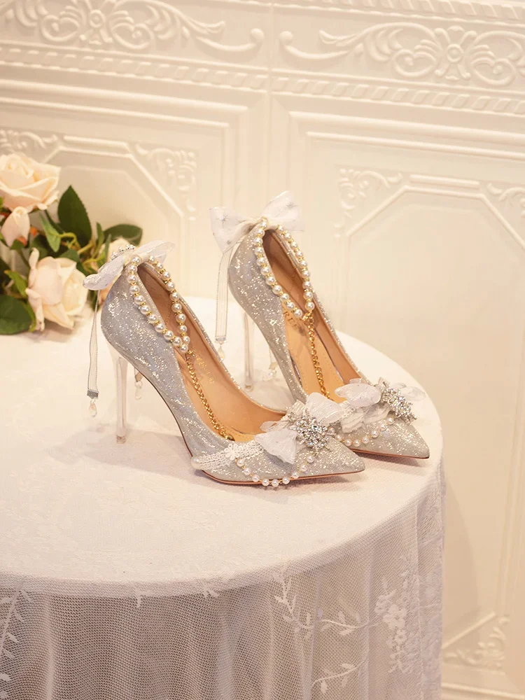 우아한 레트로 로리타 코트 스타일 로리타 꽃 결혼식 화려한 새틴 보우 진주 보석 리본 Bowknot 7.5-10.5cm 하이힐 신발