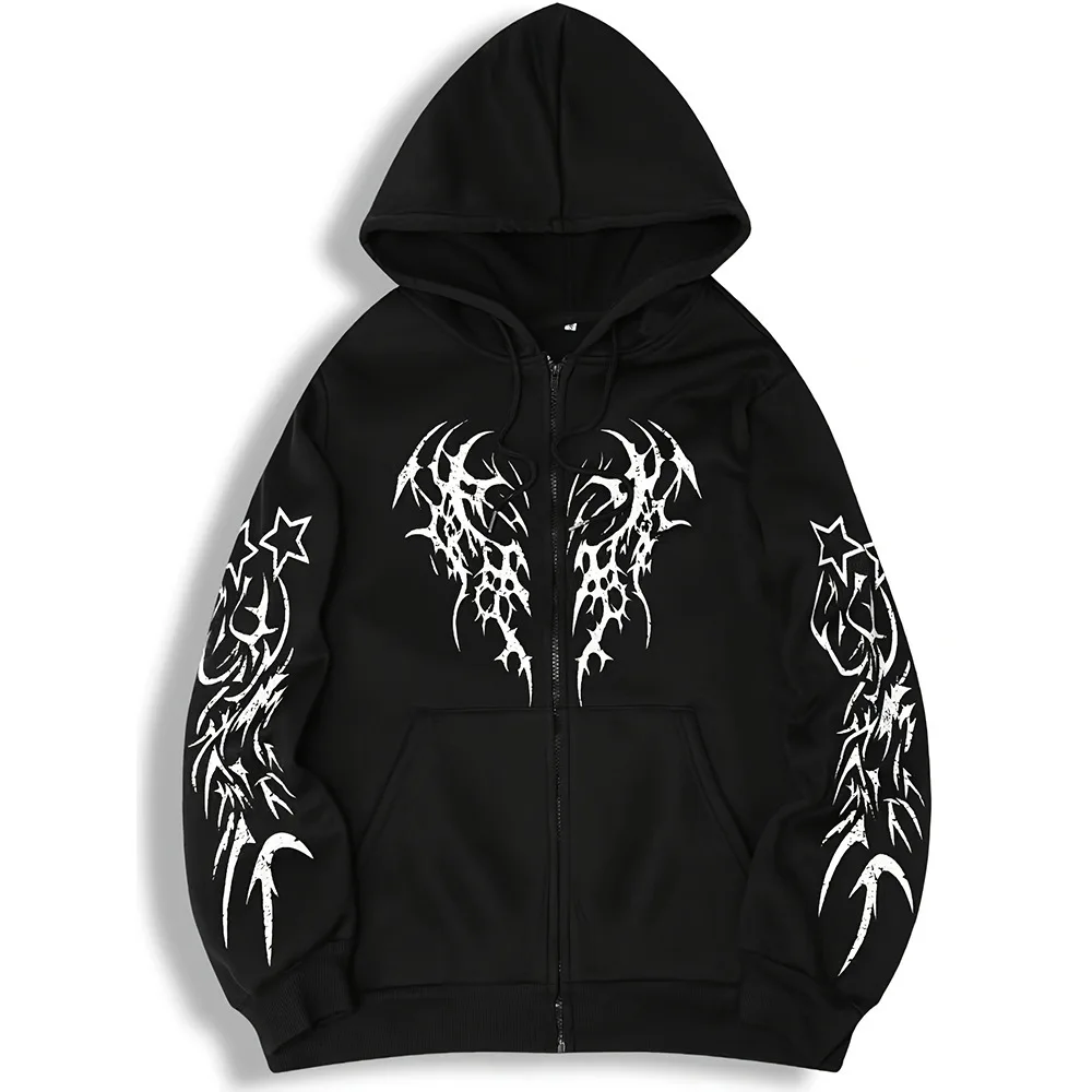 Herren Damen Gothic Dornen-Print Zip-Up Hoodie Y2K Streetwear Oversized Kapuzenjacke Harajuku Punk Langarm-Sweatshirt Mantel – Detail 2