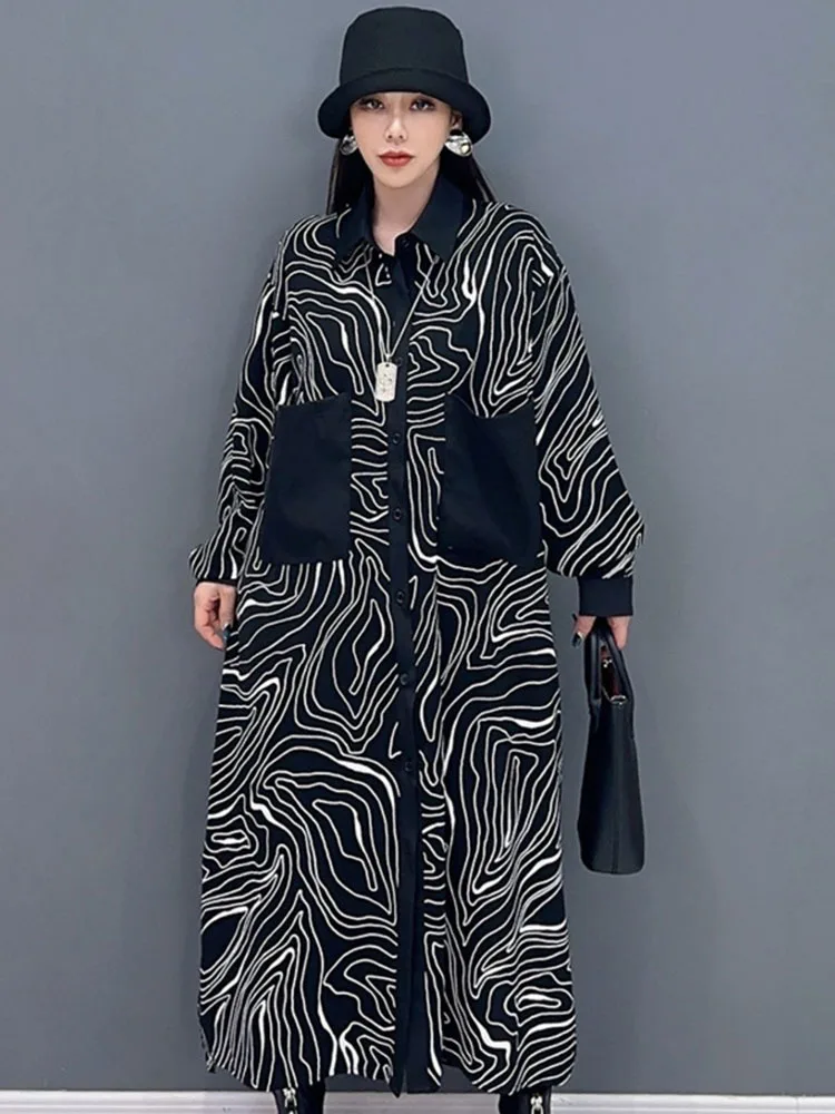 Vefadisa 2025 Spring Autumn New Black Zebra Printed Women Dresses Lapel Long Sleeved Shirt Dress Personality Dresses ZXY939AF1