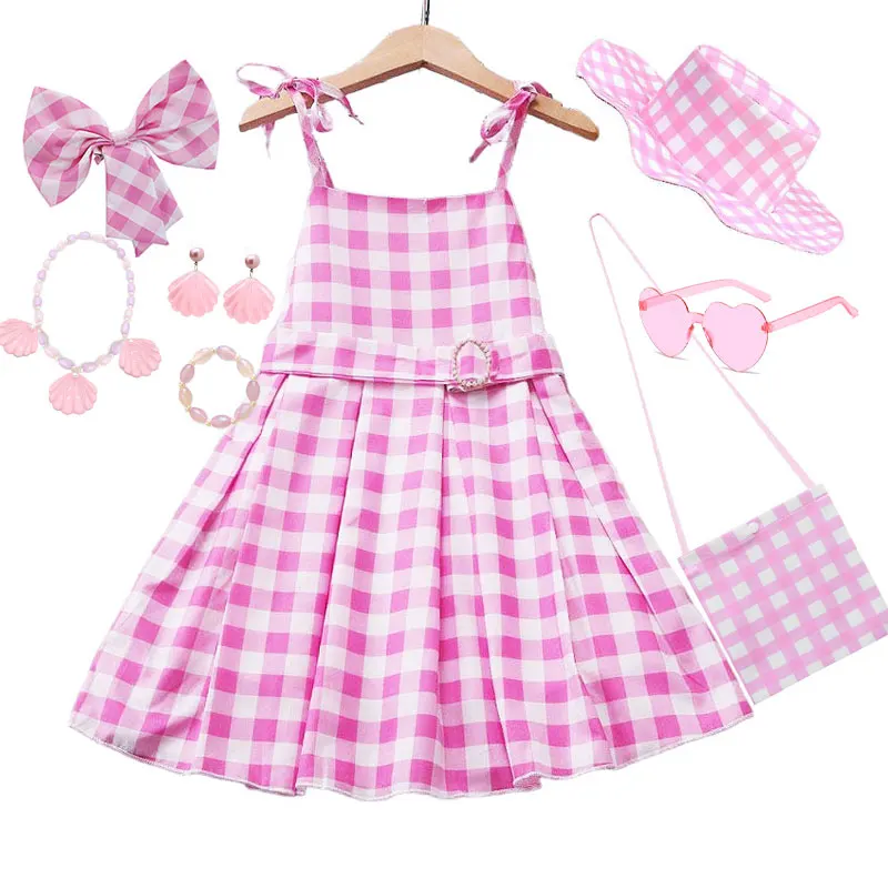 Schulterfreies Sommerkleid für Mädchen mit Gürtel, geeignet für Mädchen, rosa kariertes Kleid, Weihnachts- und Halloween-Rollenspielkostüm für Kinder
