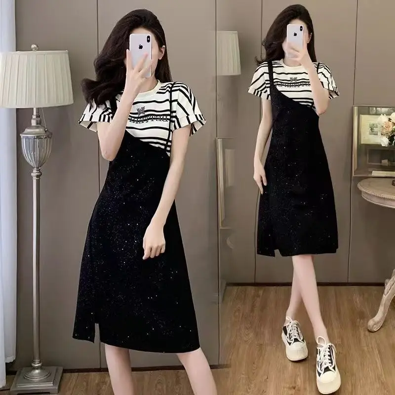 

Fake Two Pieces Asymmetrical Midi Dress Summer Striped Spliced Women's Clothing A-Line Sequined Chic Letter Embroidery Dresses