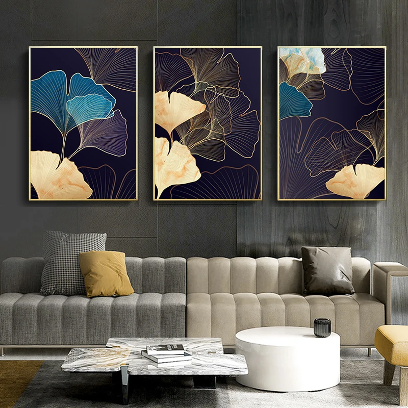 

3Pcs/Set Frameless Blue Gold Plant Ginkgo Leaf Abstract Poster Nordic Canvas Wall Art Modern Living Room Home Decor