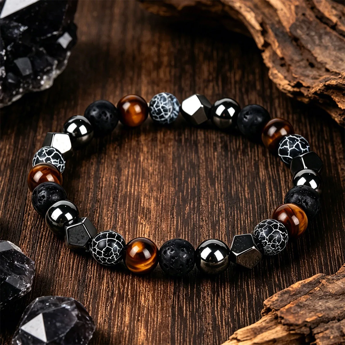 Unisex Tiger Eye Lava Rock Cracked Agate Hematite Stretch Bracelet Wealth Lucky Energy Jewelry Daily Holiday Gift