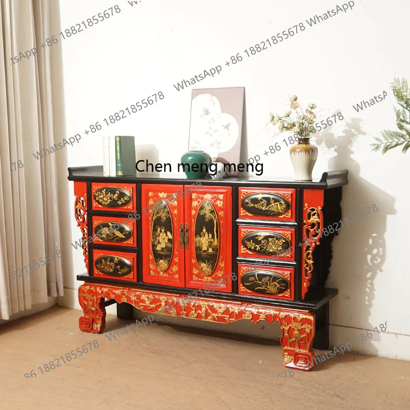 Classical Solid Wood Entrance Cabinet Red and Black Color-Block Gold Lacquer Painted Multi-Drawer Storage Cabinet Customizable