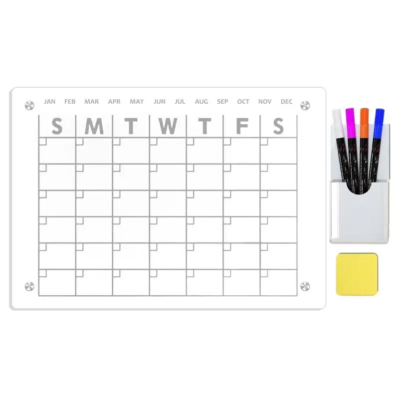 Magnetic Dry Erase Board Acrylic Clear Dry Erase Calendar For Refrigerator Magnetic Note Board 4 Colors Marker Eraser For Office