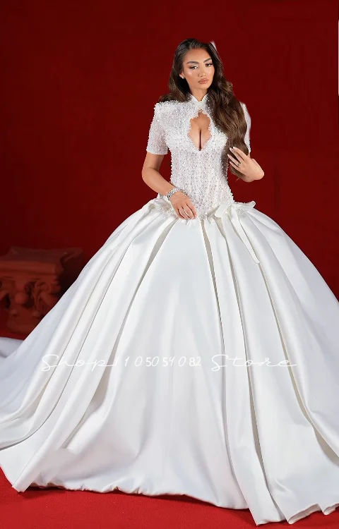 Custom Beaded Satin Bridal Gown Charming Openwork Neckline Pearl Waist Arabic Bridal Party Evening Gown Wedding Dresses vestido