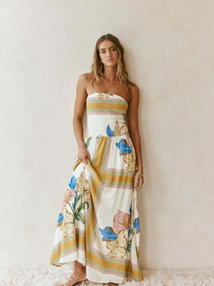 

Lady Dresses Printed Tube Top Strapless Mid-waist A-line Robe Beach Vacation Bohemian Pastoral Casual Prom Elegant Vestidos Y2K