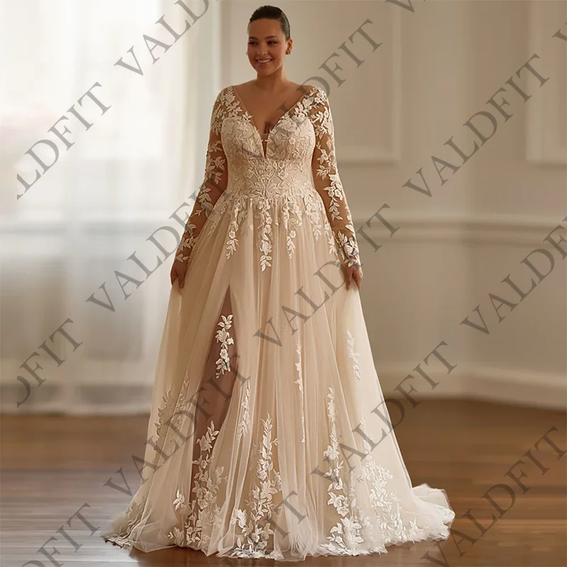 

Long Sleeves A Line Arabic Wedding Dress Customized Elegant V Neck Applique Sweep Train Robe De Mariee Bride Bridal Dresses