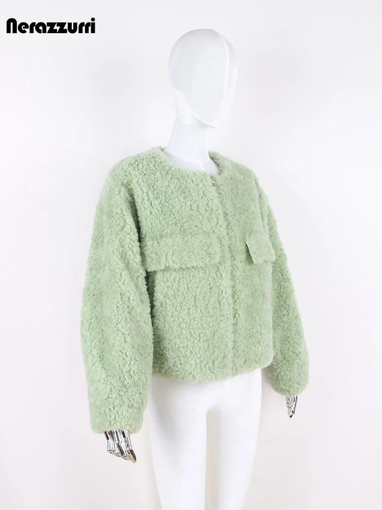 

nerazzurri Autumn Winter Short Green Thick Warm Soft Fuzzy Faux Fur Coat Women Zipper Long Sleeve O Neck Casual Fluffy Jacket