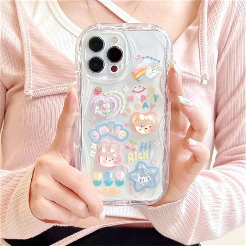 Korean 3D Bear Hang Phone Chain Lanyard Clear Soft Case For iPhone 15 14 Pro Max 11 13 12 Mini XR 6 8 7 Plus X XS SE Cute Cover