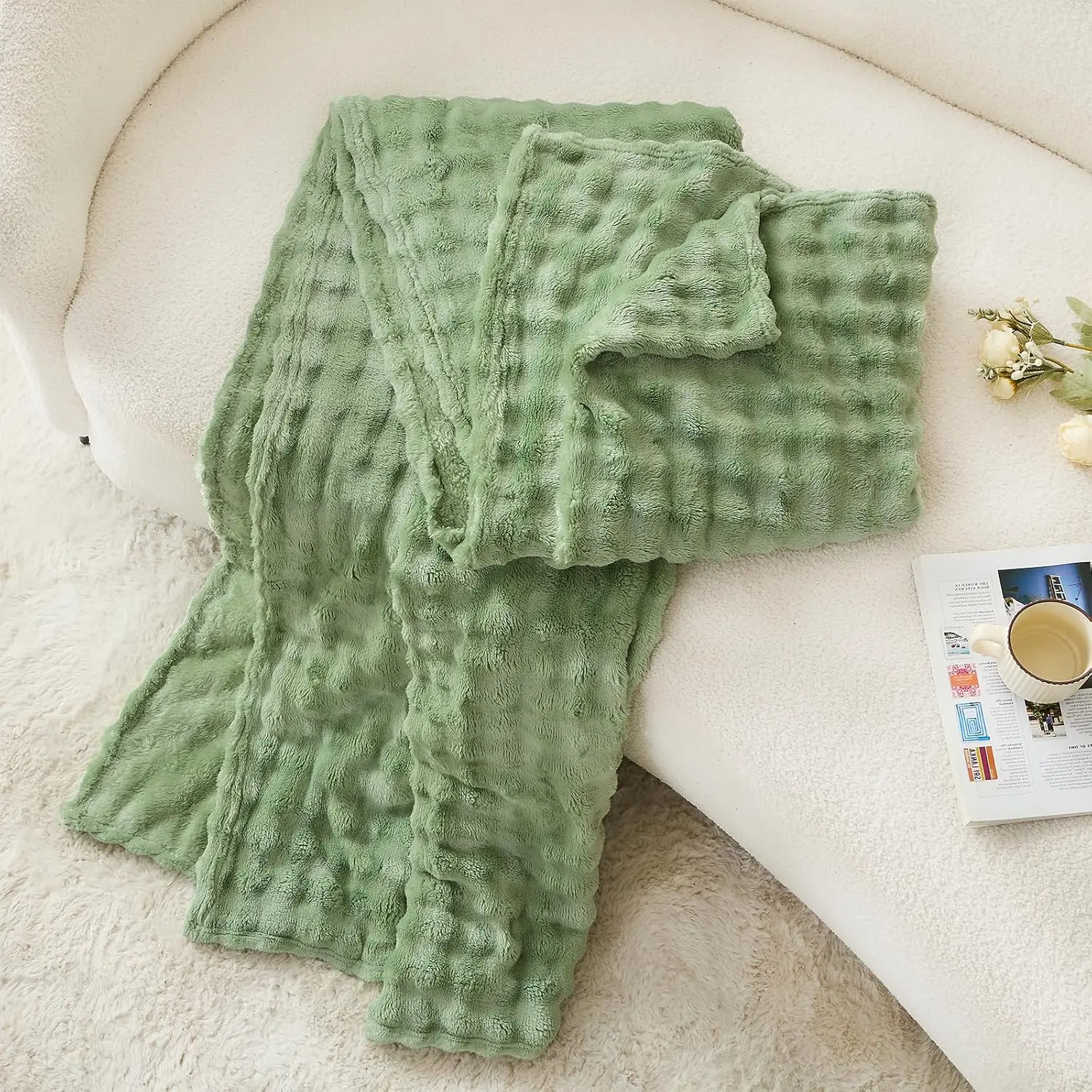 Sage Green Bubble Fleece Blanket for Couch, Super Soft Cozy Cute Throw Blanket for Women, Christmas Gift Fuzzy Flannel Blanket