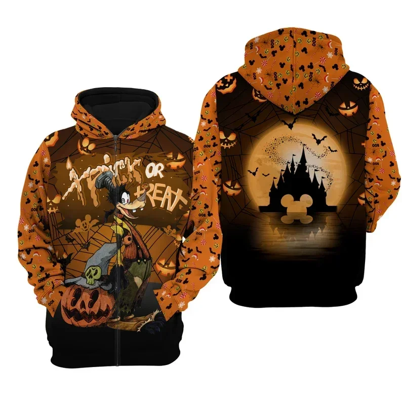 Goofy Orange Halloween Trick or Treat Disney Full Print Fleece Pullover Men and Women Zip Hoodie Disney 3D Casual Hoodie