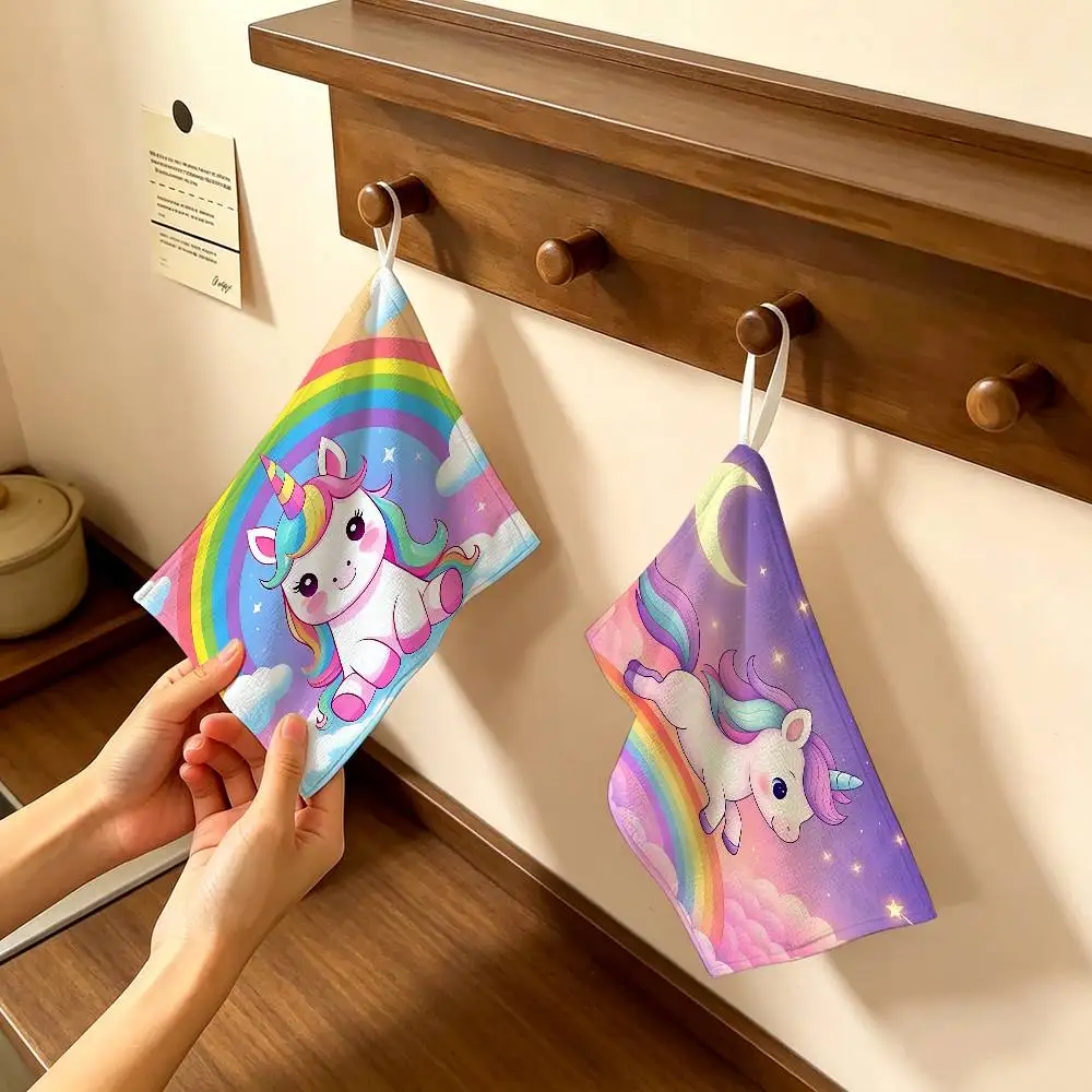 Cute Rainbow Unicorn Polyester Cotton Hanging Kitchen Towel, Skin Friendly Hand Wiping Towel for Hotel Cafe Household