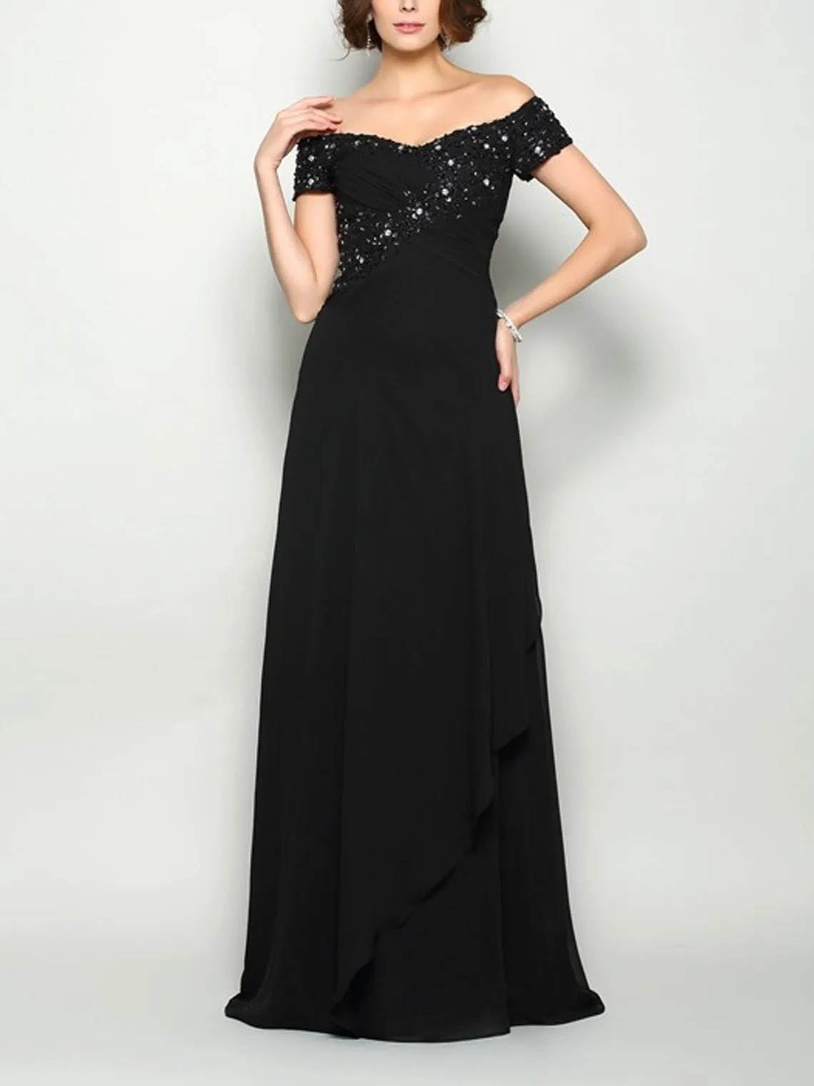 

Elegant A-Line Evening Dress Off-the-Shoulder Chiffon Sequins Pleated Short Sleeves Sweep Train Prom Gown 2025 free customized