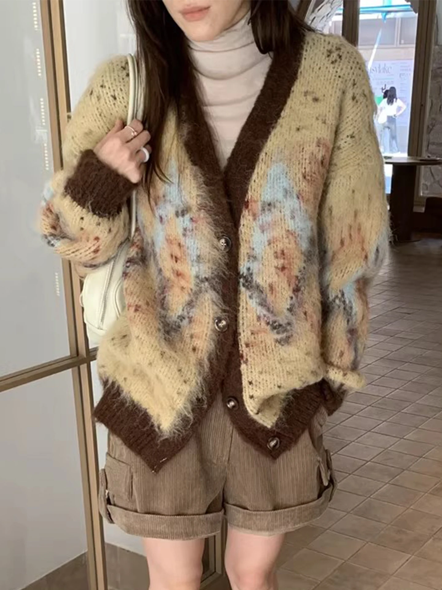 

Retro Lazy Fair Isle Knitwear Coat Women's Winter New Design Sense Splicing Color Colion Knitted Open Cardigan Top