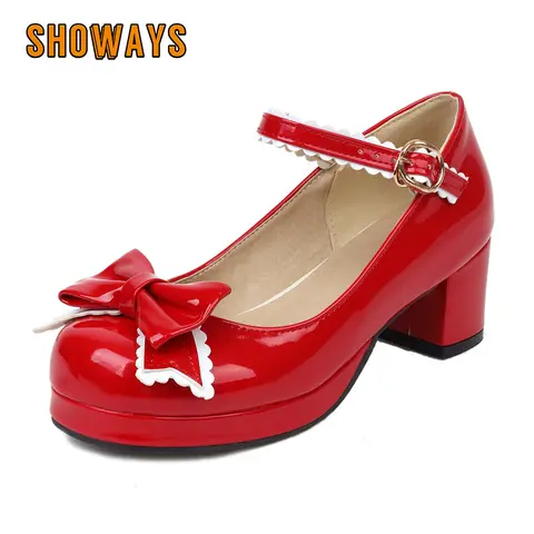 Sweet Bowknot Platform Mary Janes Women Red Pink Patent Leather High Thick Heels Dress Party Spring Autumn Lolita Princess Pumps