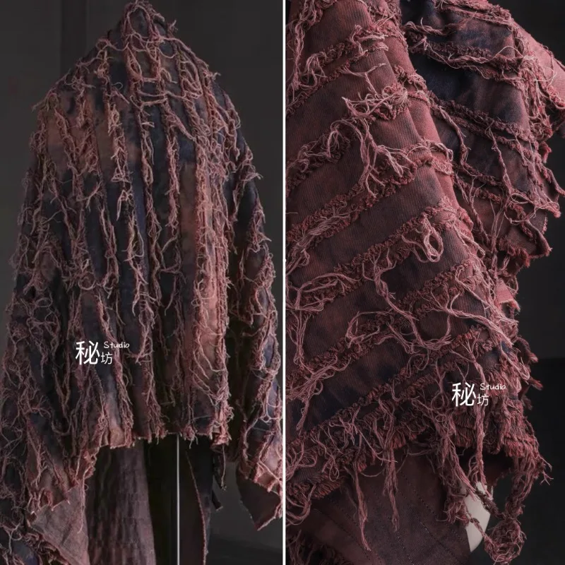 

Stainless Black Tie Dye Tassel Denim Fabric Striped Tattered Denim Denim Creative Clothing Designer Cloth for Diy Sewing