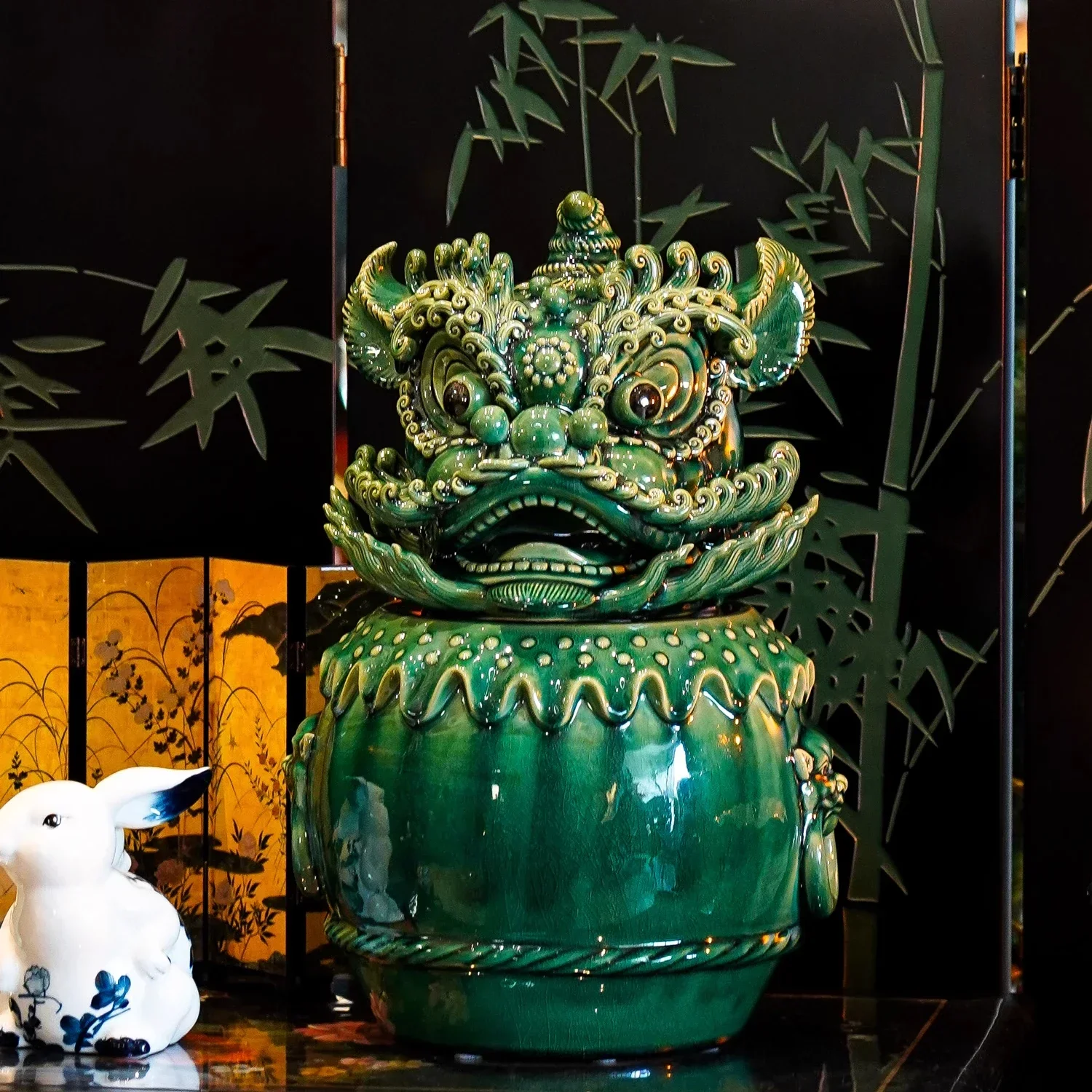 Chinese green lion head high temperature porcelain high-grade drum lion art entrance decorative ornament
