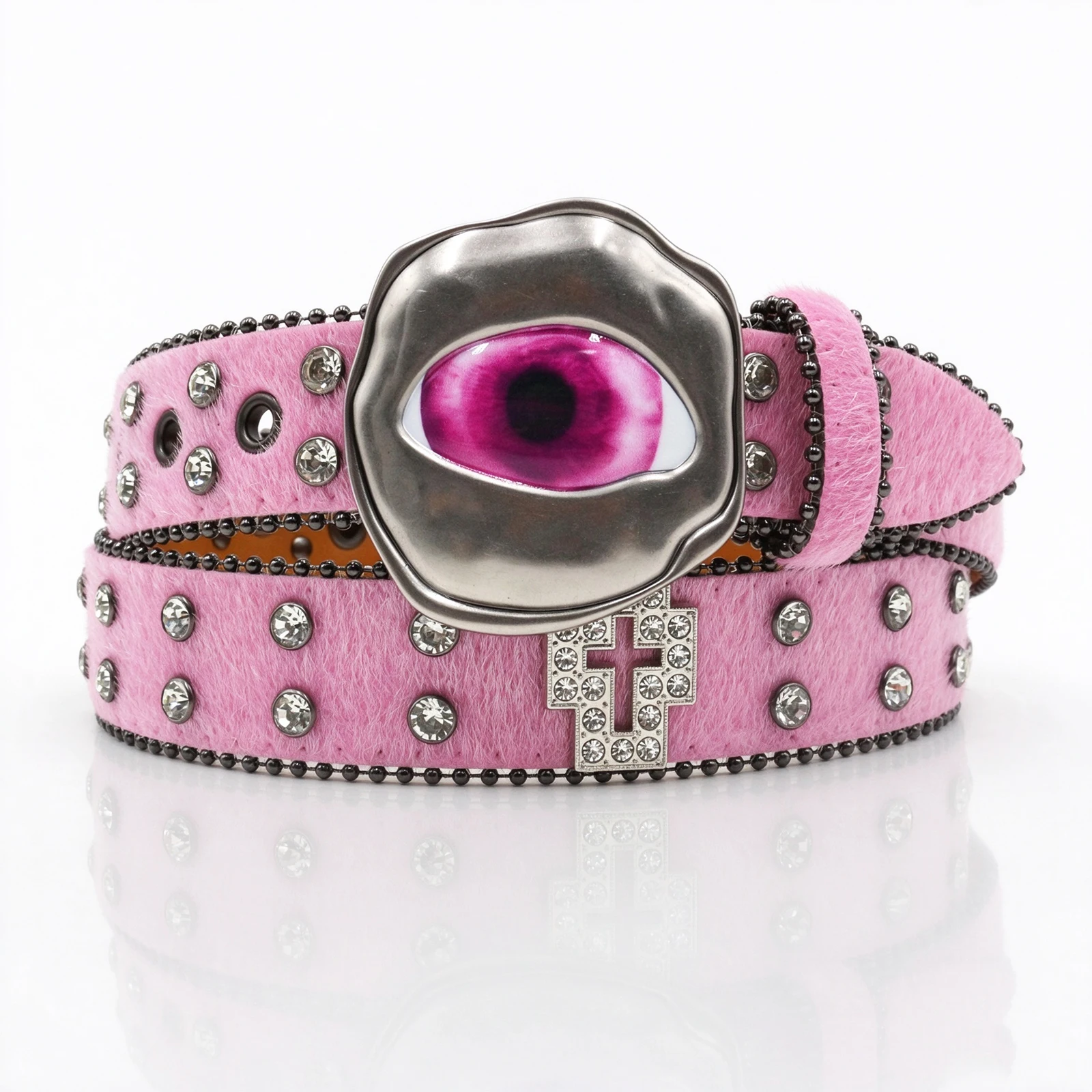 Y2K Streetwear Rhinestone Cross Horse Fur Belt Realistic Eye Buckle Rivet Studded Waist Belt For Jeans Skirt
