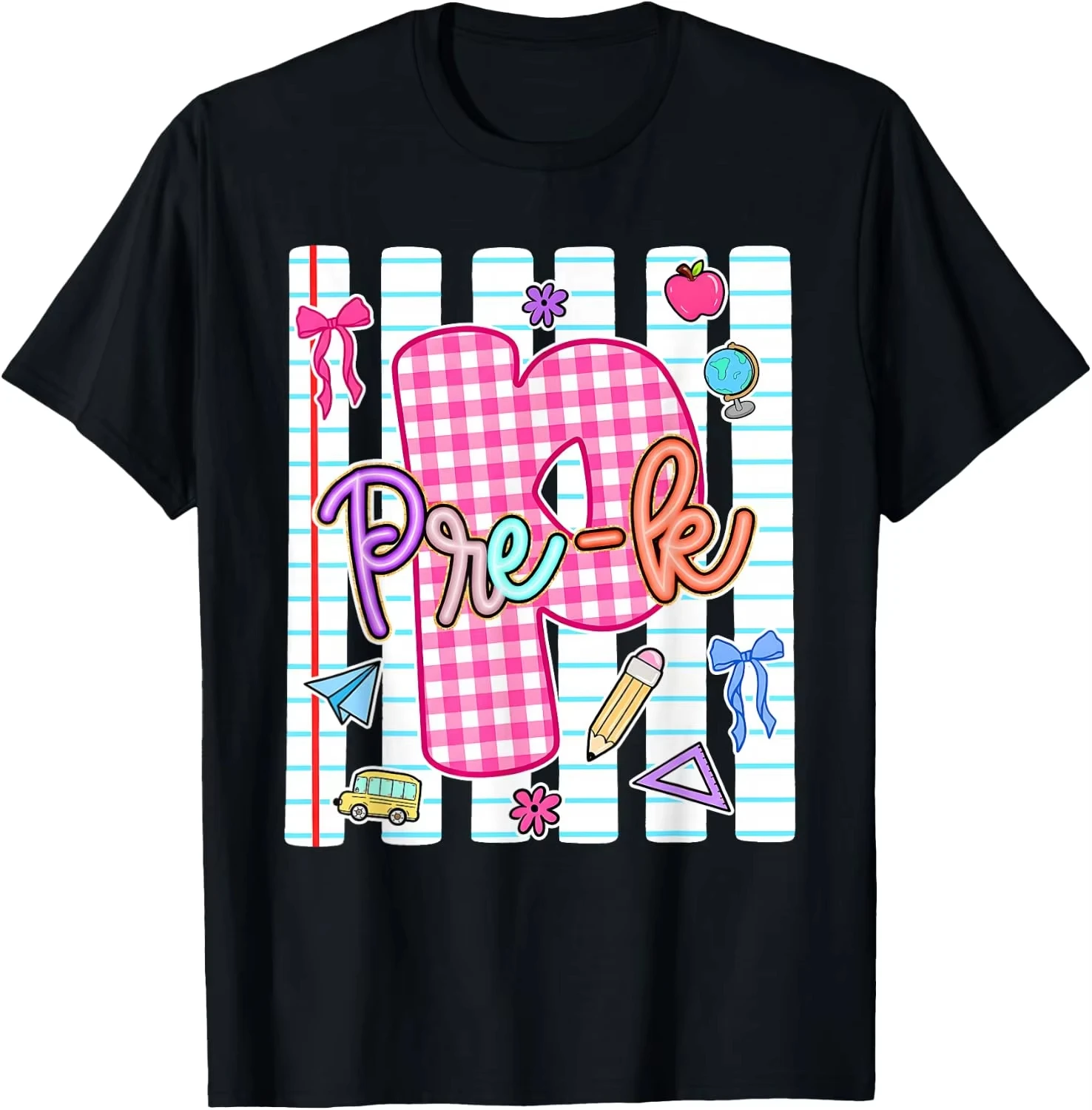 Cute Pre-K Gingham Letter School Bow Print T-Shirt Unisex Men Women Pencil Apple Bus Globe Back To School Casual Short Sleeve