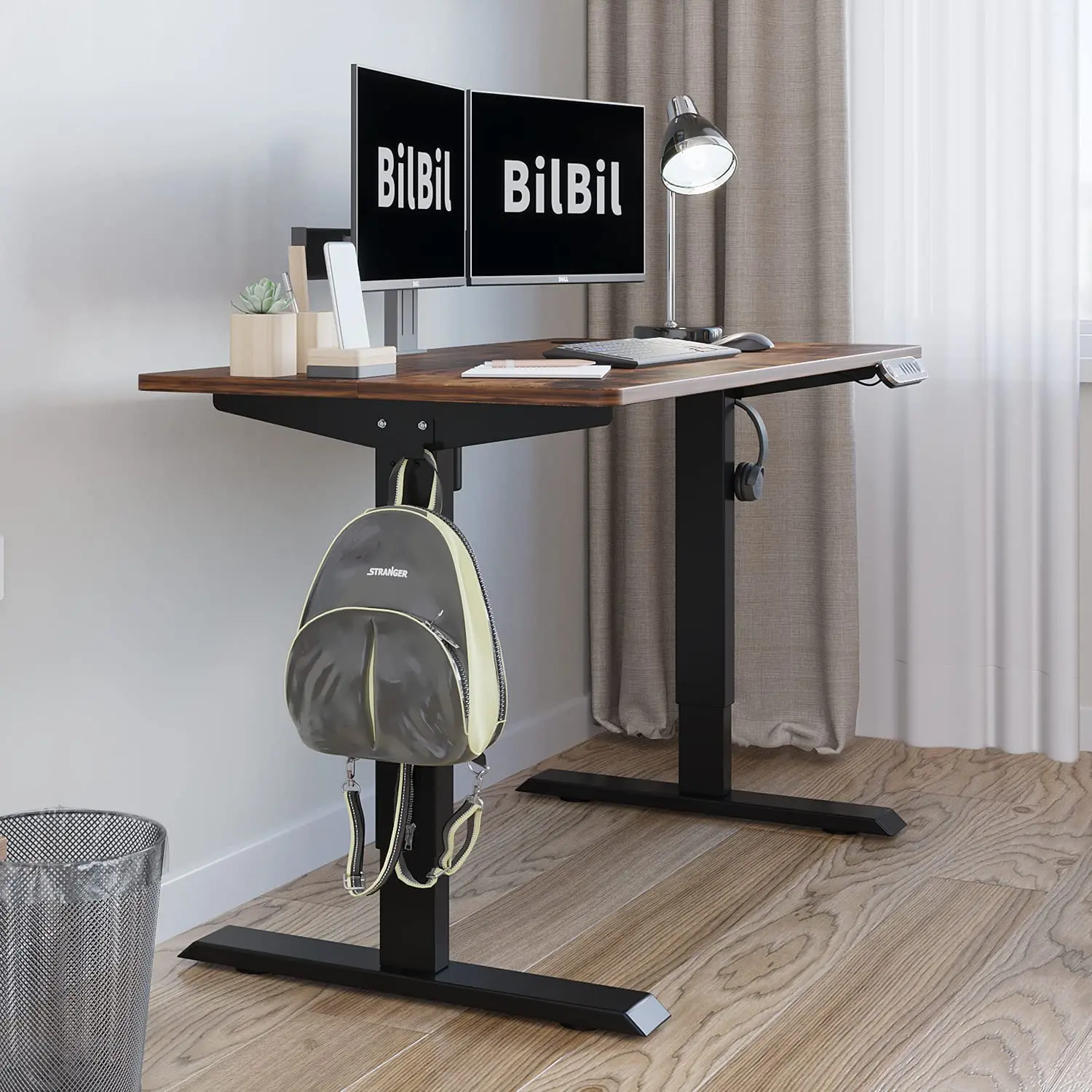 Height Adjustable Standing Desk 48x24 Inch Sit To Stand Home Office Splice Board Black Frame Rustic Brown, Customized