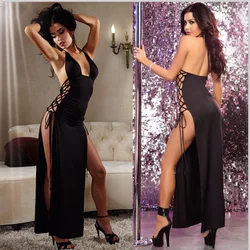 Plus Size Women Bondage Lingerie Sexy Oversized Backless Suspender Maxi Skirt Erotic Large Size Split Lacing Black Long Dress