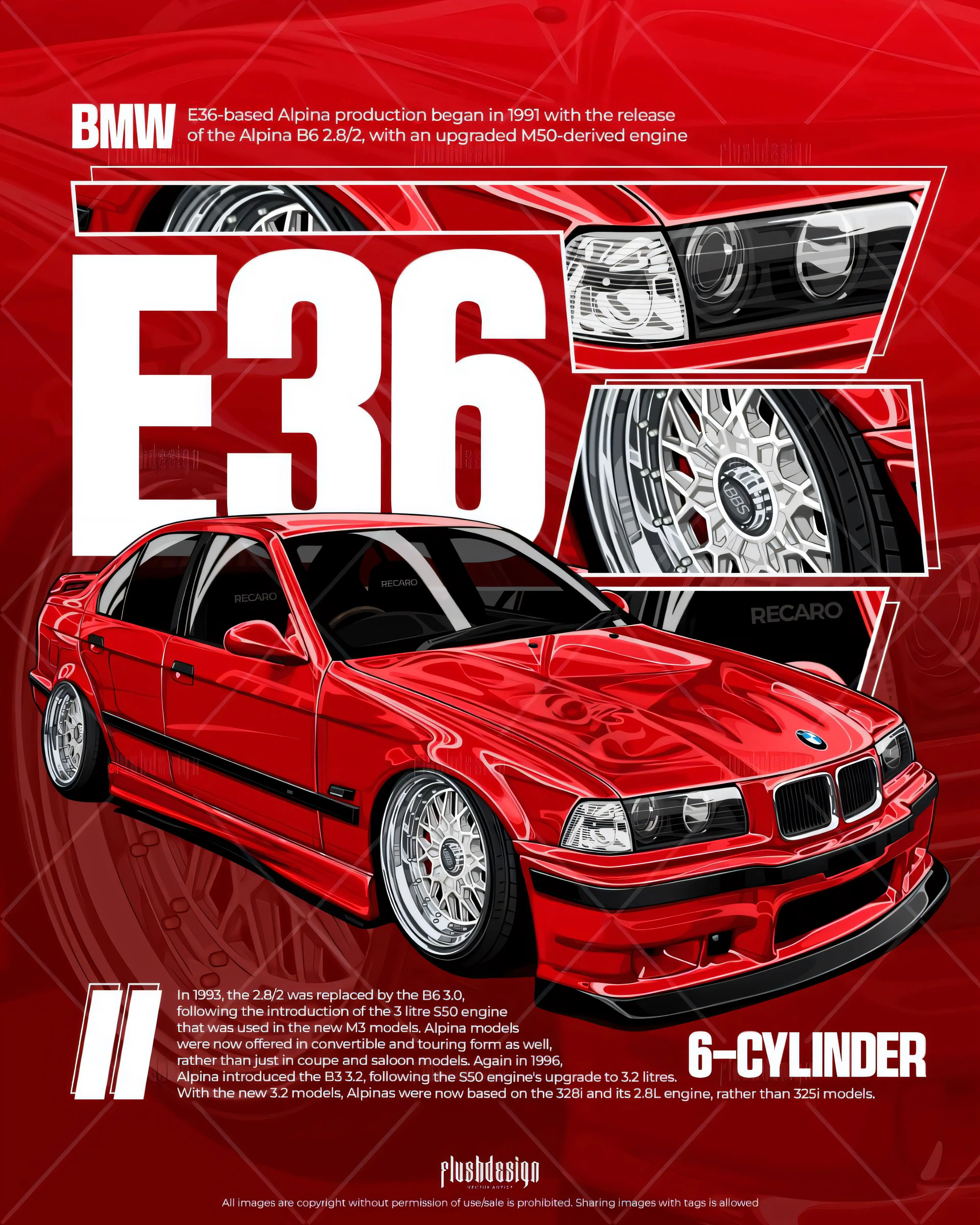 E36 Alpina B6 2.8 3.2 6-Cylinder Metal Tin Sign Poster Aluminum Wall Art Decor