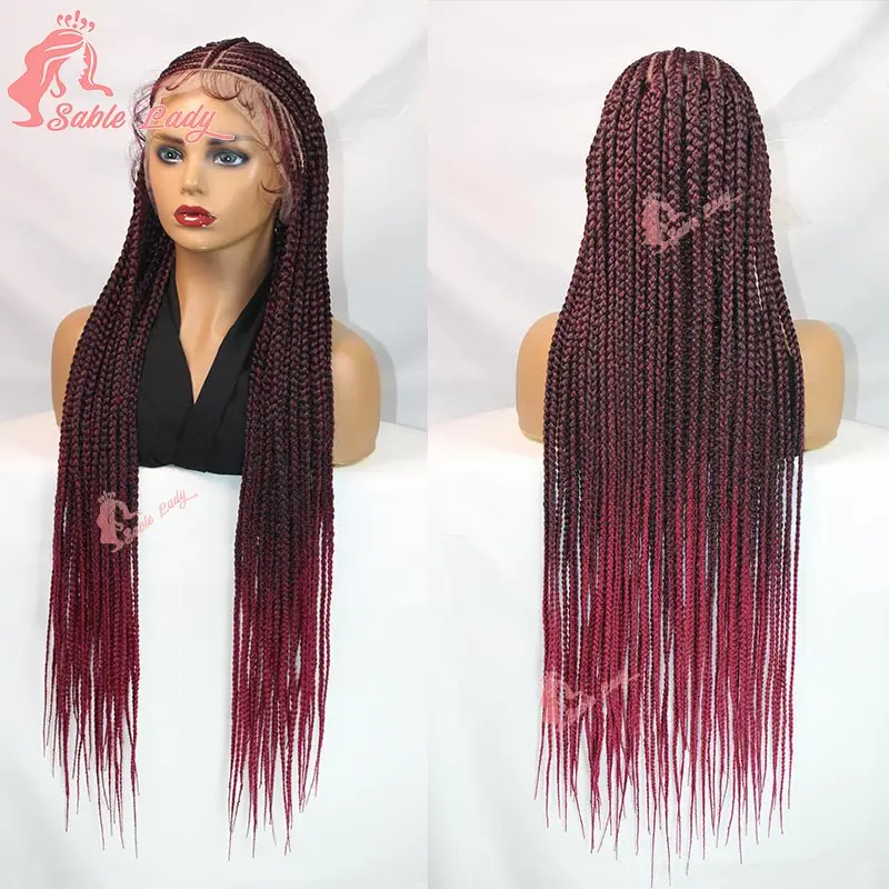 Cornrow Braided Wigs Box Braids Wig Synthetic Full Lace Knotless Braided Wig for Black Women Burgundy Lace Front Braiding Wig