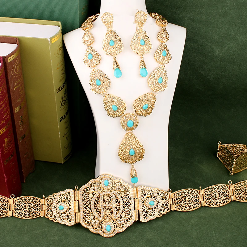 New Blue Stone Morocco Caftan Belt In Gold Long Waist Chain for Women Ehtnic Wedding Jewelry Luxury Bride Accessory Mother Gift