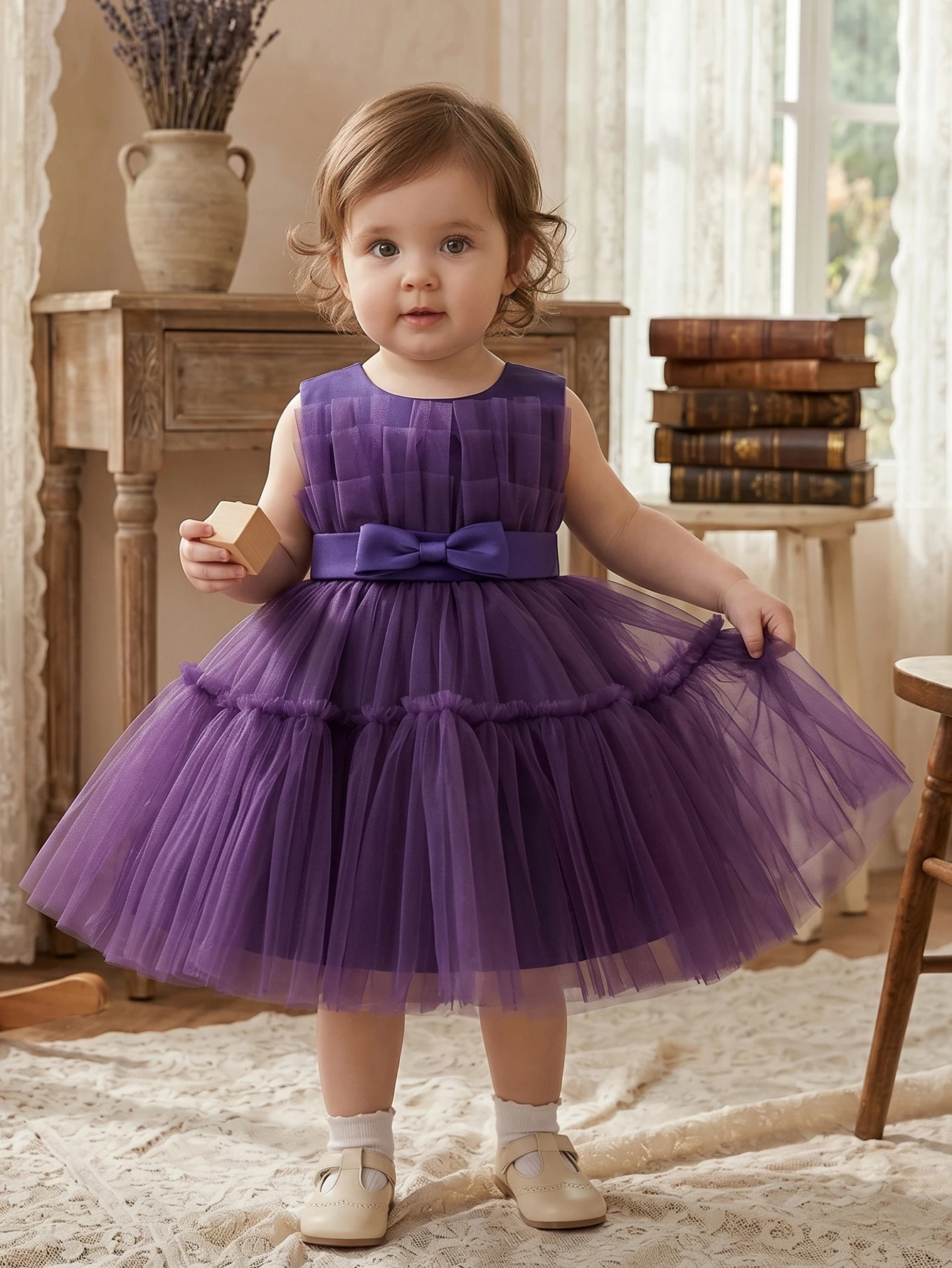 Baby Girl Purple Net Fabric Dress Birthday Party Formal Attire Suitable for Banquets, Wedding Dress,Partywear,Outings,Vacations