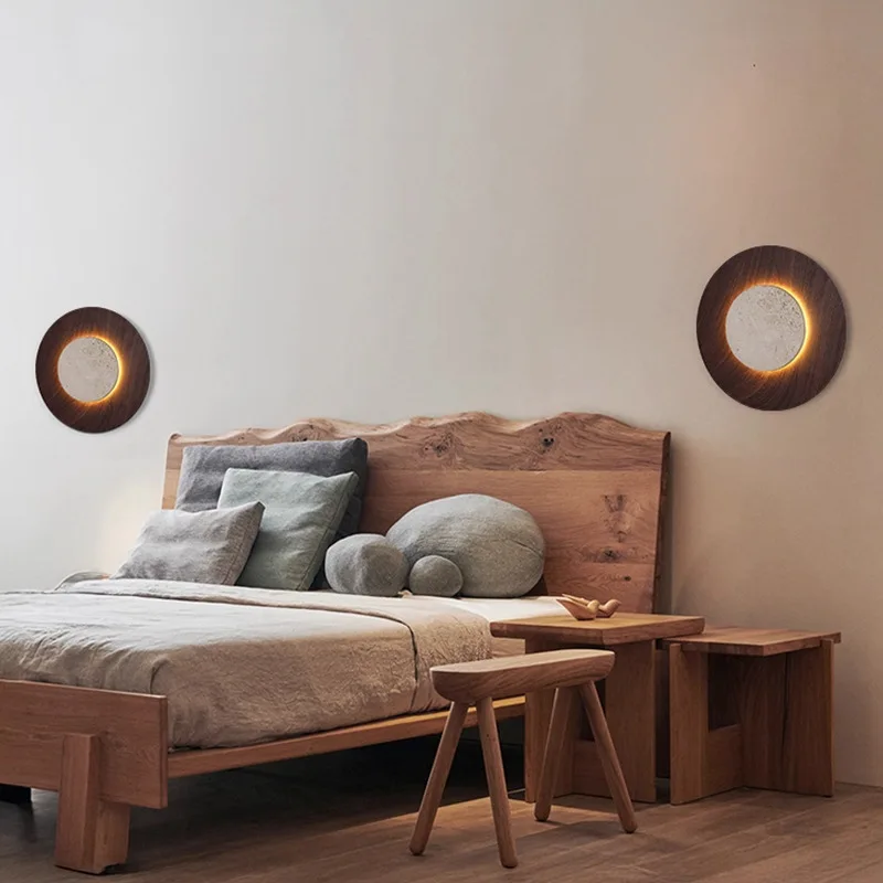 Japanese Retro Wall Light Circular Yellow Cave Stone Design LED Lamp for Living Room Decoration Bedroom Bedside Lighting Fixture