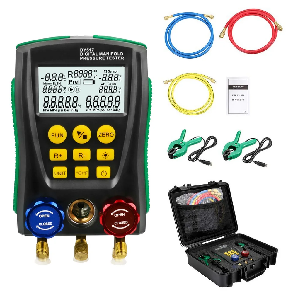 DY517 Refrigeration Meter Set with 2 clamps Digital Manifold Pressure Gauge Vacuum Pressure Temperature Meter Test Testo550 Tool