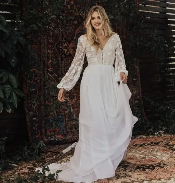 

Boho Wedding Dresses A-line V-neck Long Sleeves Chiffon Lace Bohemian Wedding Gown Bridal Dresses Vestidos De Novia