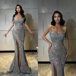 Glitter Sexy Sequins Evening Dresses Strapless Mermaid Prom Gowns Illusion Side Split Custom Made Party Dresses