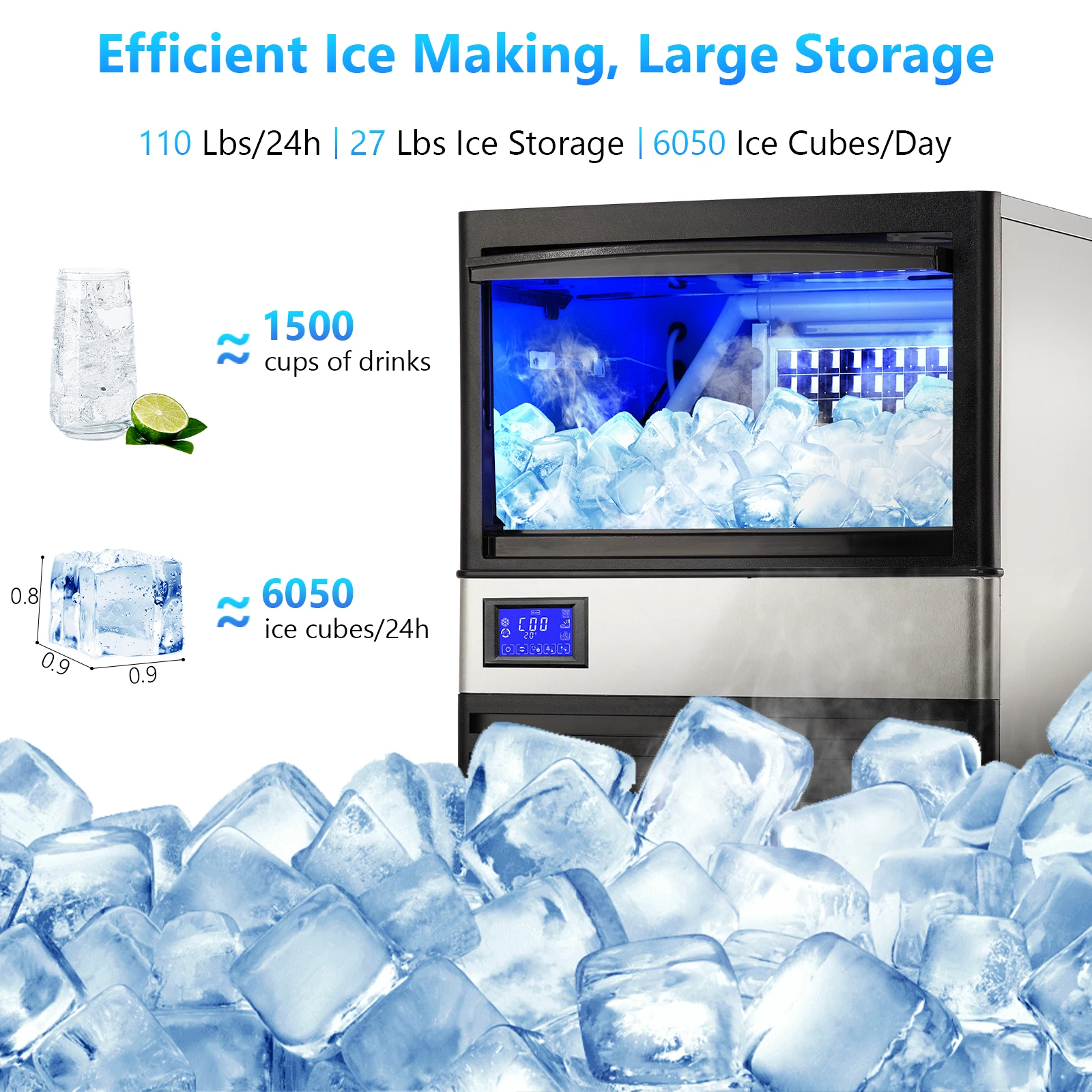 Máquina para hacer hielo comercial, 110 libras/24 horas con contenedor de 27 libras y filtro de agua, acero inoxidable, funcionamiento automático, máquina de hielo debajo del mostrador