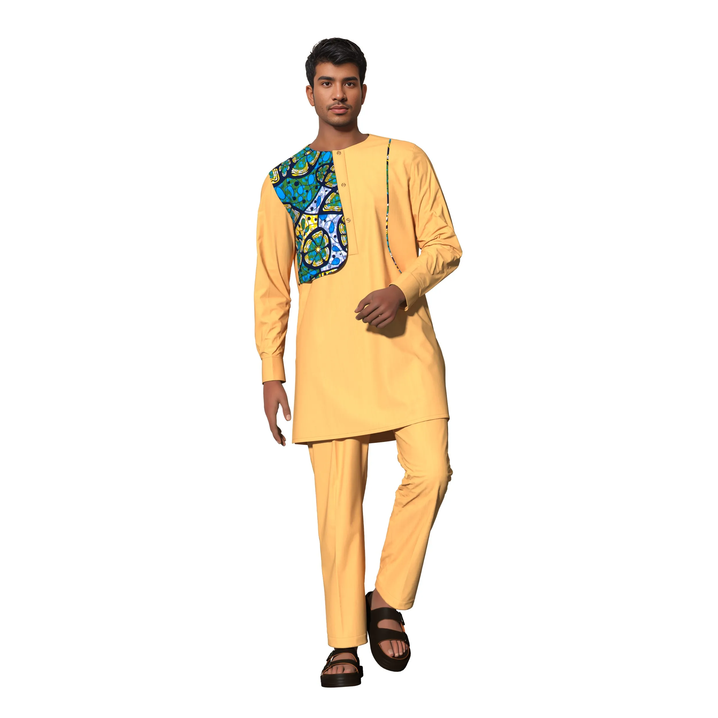 Men's African Print Patchwork Long Sleeve 2 Piece Set Traditional Kente Formal Dashiki Outfit for Wedding Party Wyn2174