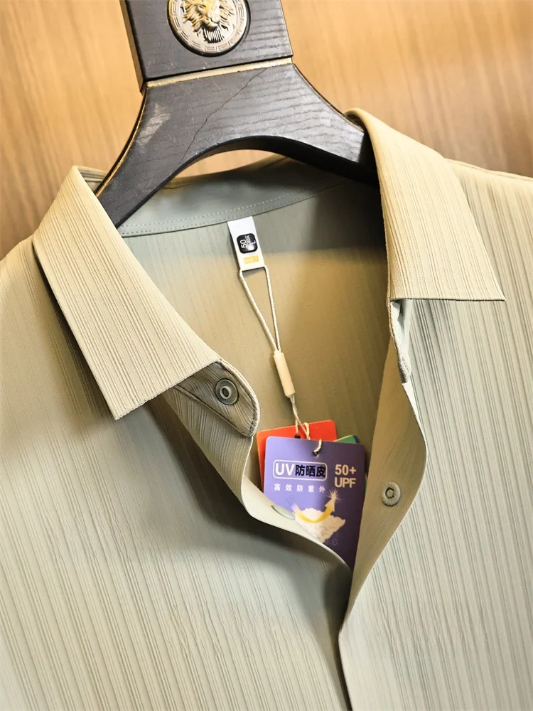 Outdoor Men's Sun Protection Collar Shirt Standard Fit Long Sleeve No Pocket High Elasticity Breathable Pure Color Button Clo...