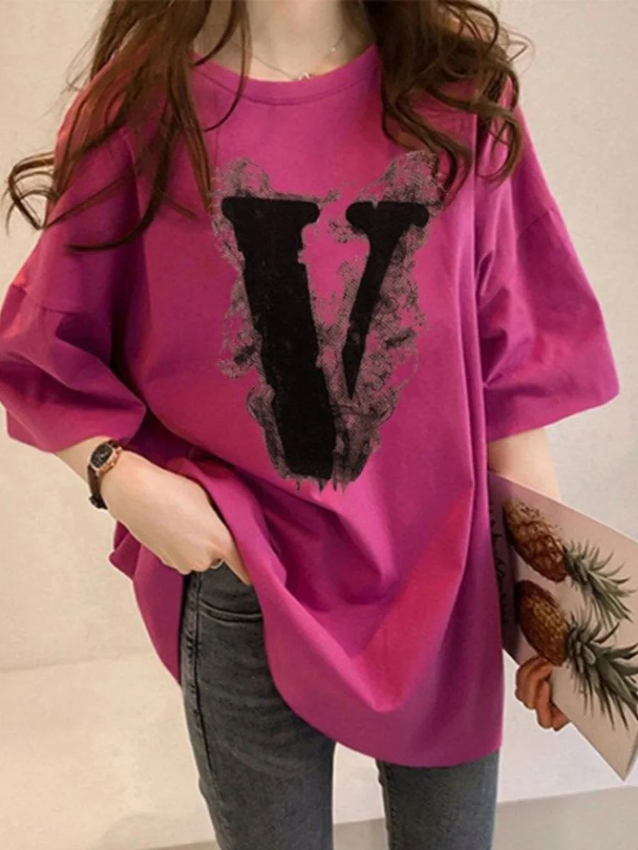 

Летняя женская футболка больших размеров Dopane с коротким рукавом, свободного кроя, из хлопка, в корейском стиле, с принтом, модная, для повседневной носки