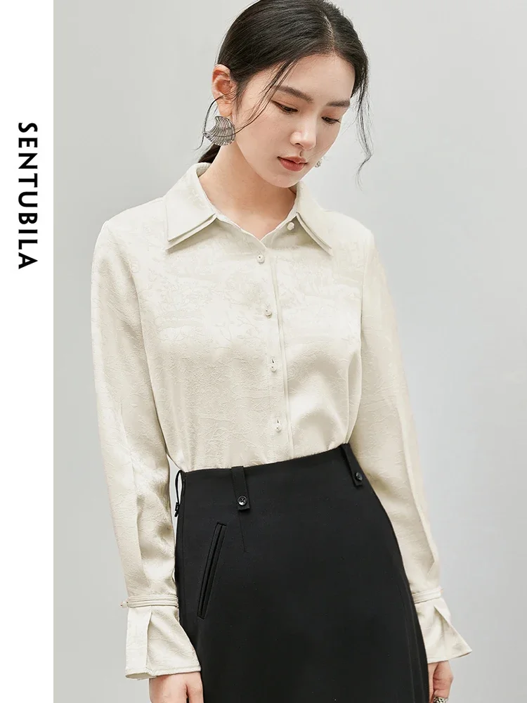 SENTUBILA Elegant Jacquard Shirt Women 2024 Autumn Straight Double Layered Collar Flare Sleeve Woman Shirts & Blouses 143C55884