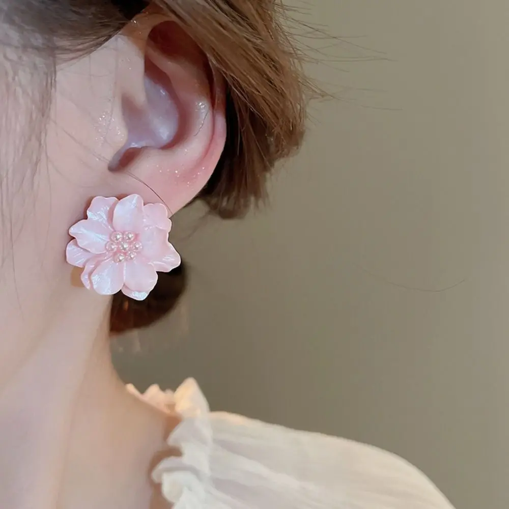 Elegant Pink Flowers Drops Earrings Acrylic Pearl Fashion Big Flower Stud Earrings South Korean Style Sweet Temperament